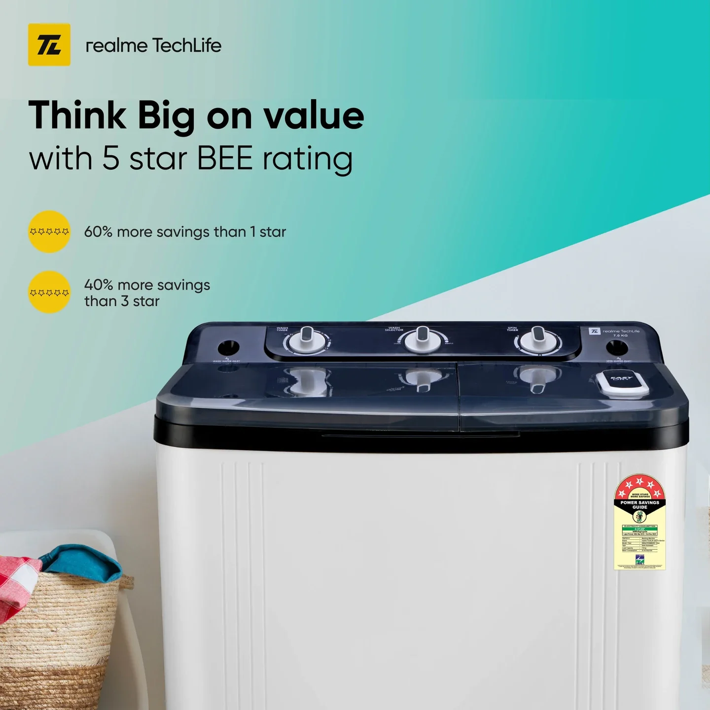 REALME 7 kg 5 Star rating Semi Automatic Top Load White, Black (RMSA705NNNDW) - Image 4