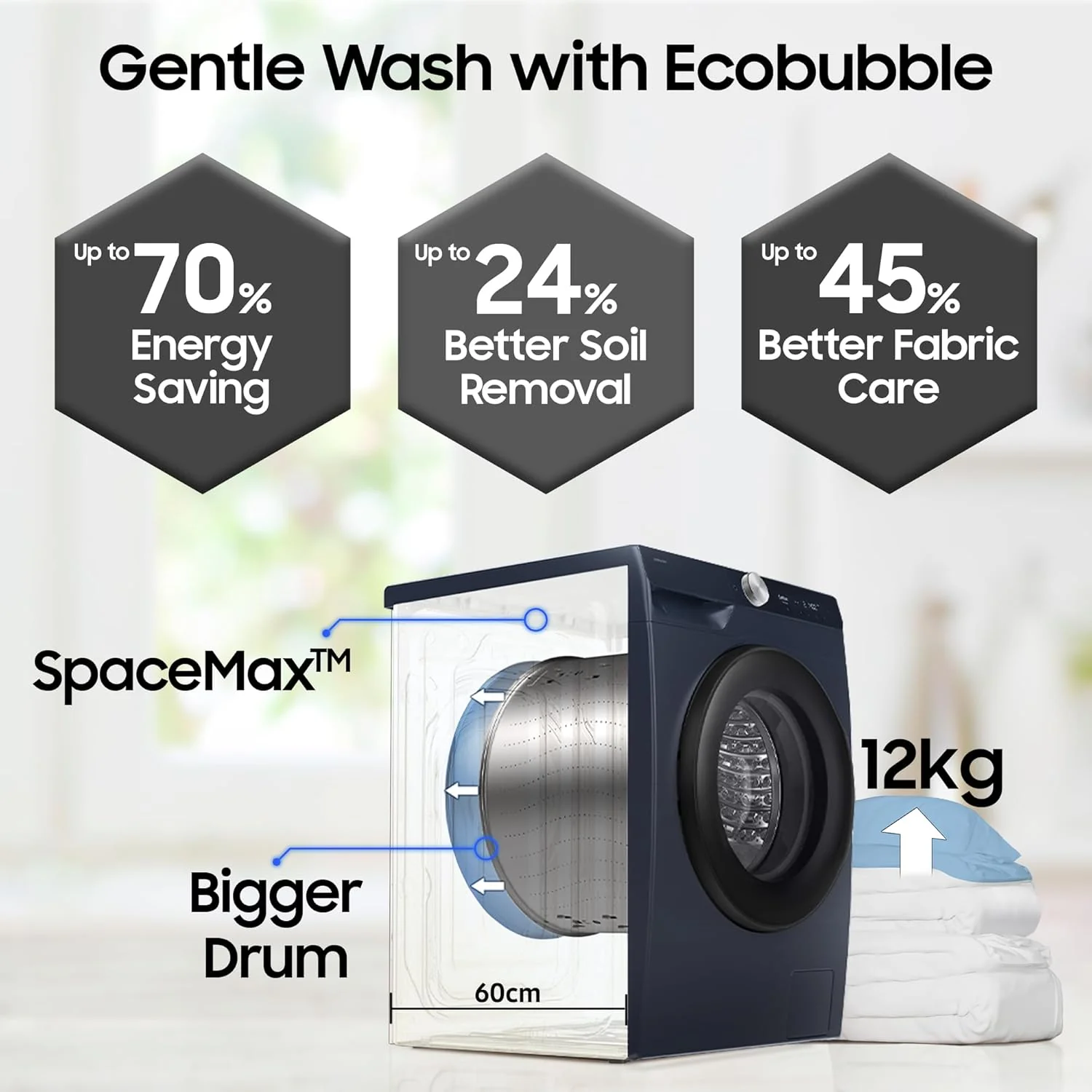Samsung 12 kg, 5star, AI Control, AI Ecobubble, Super Speed, Wi-Fi, Hygiene Steam with Inbuilt Heater, Digital Inverter, Fully-Automatic Front Load Washing Machine (WW12DG6B24ASTL, Navy) - Image 12