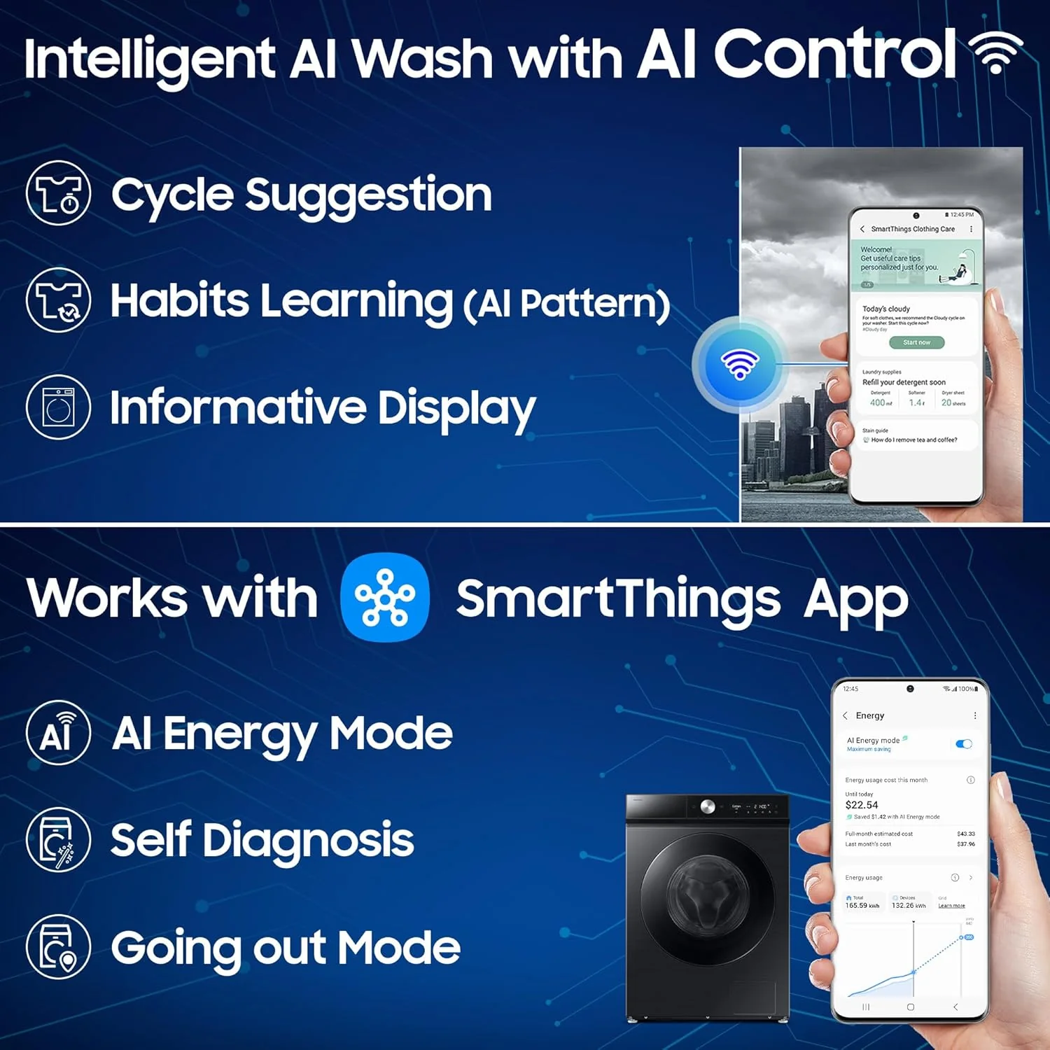 Samsung 12 kg (Wash) / 7 kg (Dry), 5 Star, AI EcoBubble, AI Wash, AI Control, AI Energy Mode, Air Wash, Hygiene Steam, Wi-Fi, Fully-Automatic Front Load Washer Dryer (WD12FB8B94GBTL, Black) - Image 10