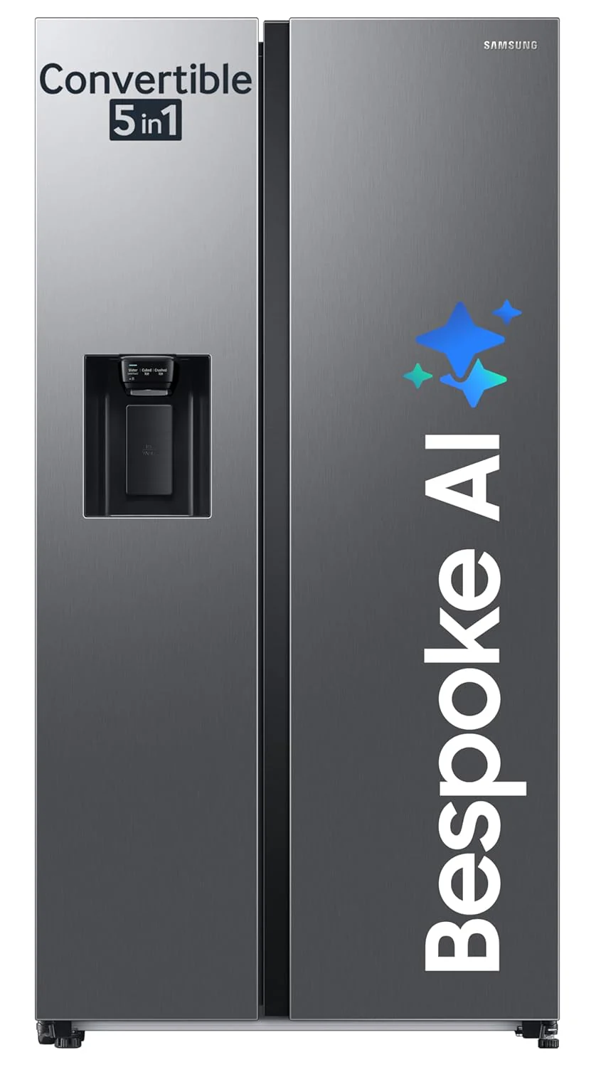 Samsung 633 L, 3 Star, Frost Free, Double Door, Convertible 5-in-1 Digital Inverter, Side By Side Refrigerator with AI, WiFi &amp; Water &amp; Ice Dispenser (RS78CG8543S9HL, Silver, Refined Inox)