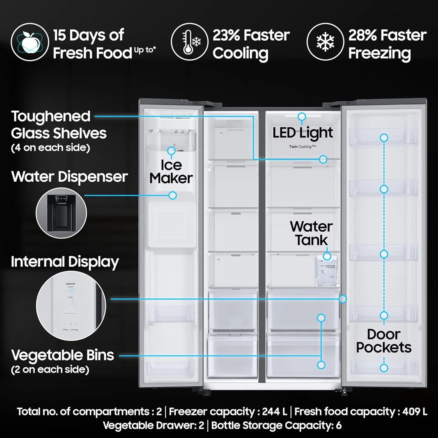 Samsung 633 L, 3 Star, Frost Free, Double Door, Convertible 5-in-1 Digital Inverter, Side By Side Refrigerator with AI, WiFi &amp; Water &amp; Ice Dispenser (RS78CG8543S9HL, Silver, Refined Inox) - Image 10