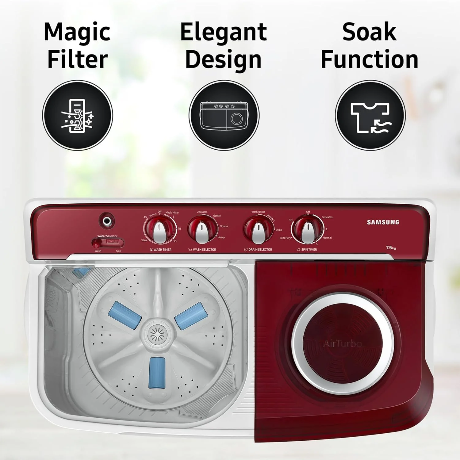 Samsung 7.5 Kg Inverter 5 Star Semi Automatic Top Load Washing Machine (WT75B3200RR/TL, Light Grey &amp; Red Base, Air turbo drying, 5 Year Warranty on Wash Motor) - Image 10