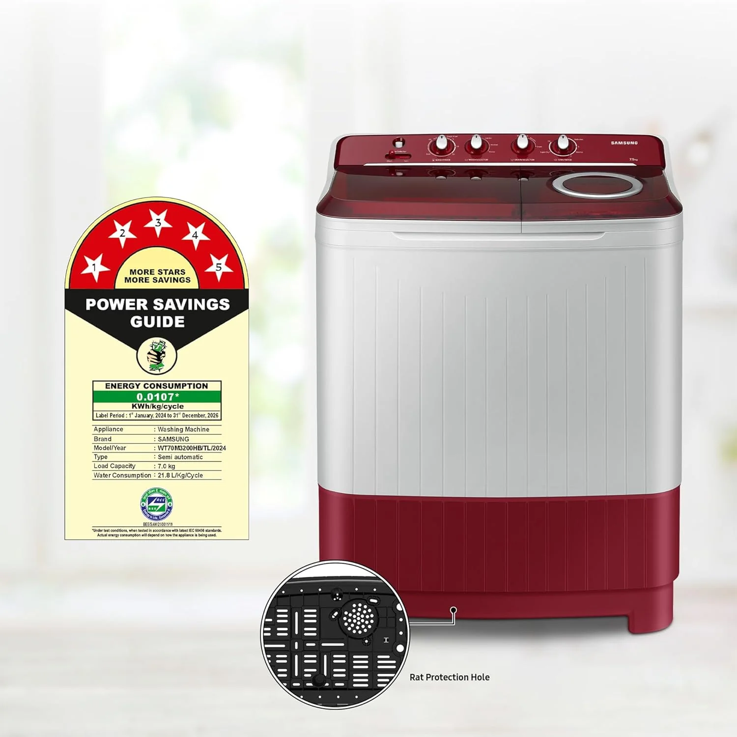 Samsung 7.5 Kg Inverter 5 Star Semi Automatic Top Load Washing Machine (WT75B3200RR/TL, Light Grey &amp; Red Base, Air turbo drying, 5 Year Warranty on Wash Motor) - Image 9