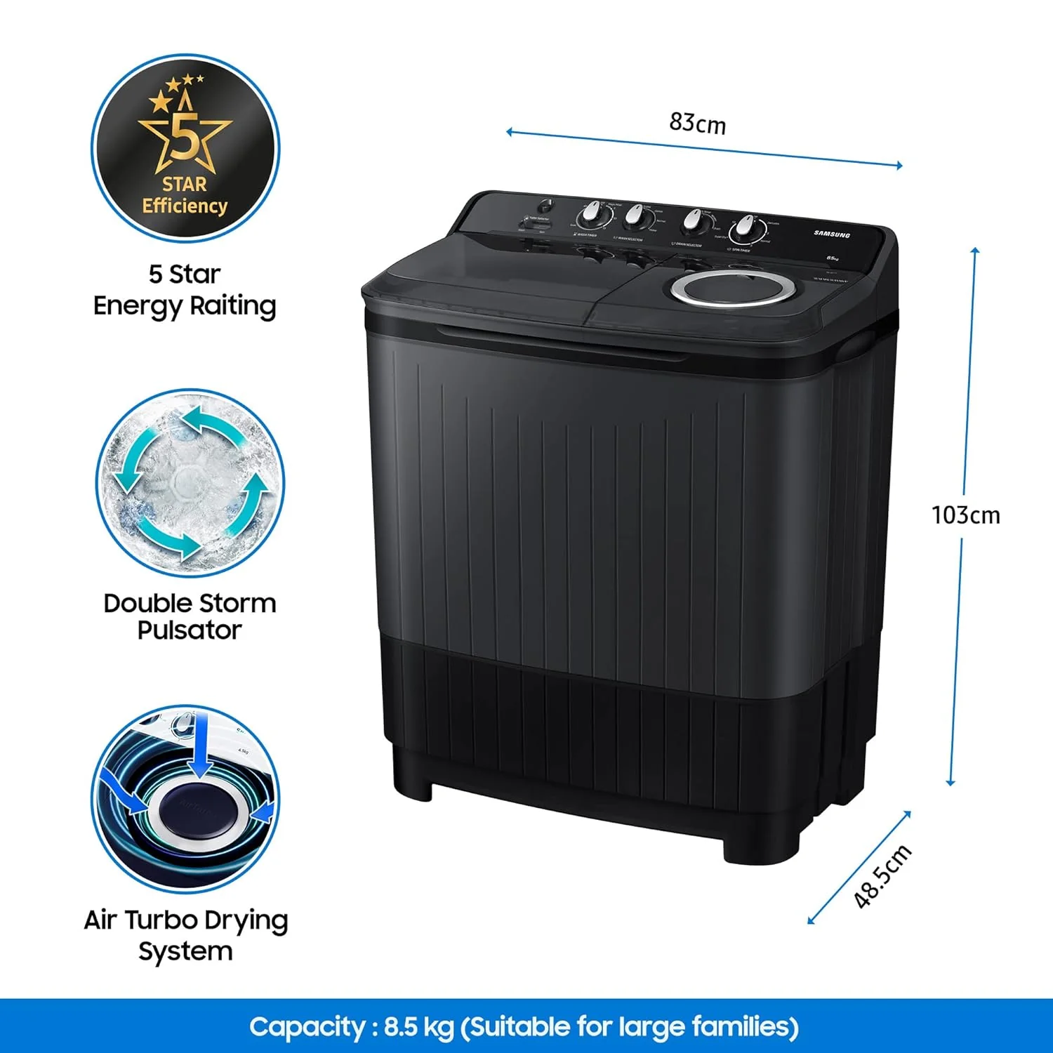 Samsung 8.5 Kg 5 Star Semi Automatic Top Load Washing Machine (WT85B4200GD/TL,DARK GRAY) - Image 2