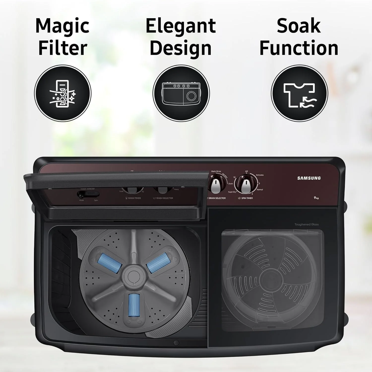 Samsung 9 Kg 5 Star Semi-Automatic Top Load Washing Machine Appliance (WT90B3560RB/TL,DARK GRAY) - Image 3