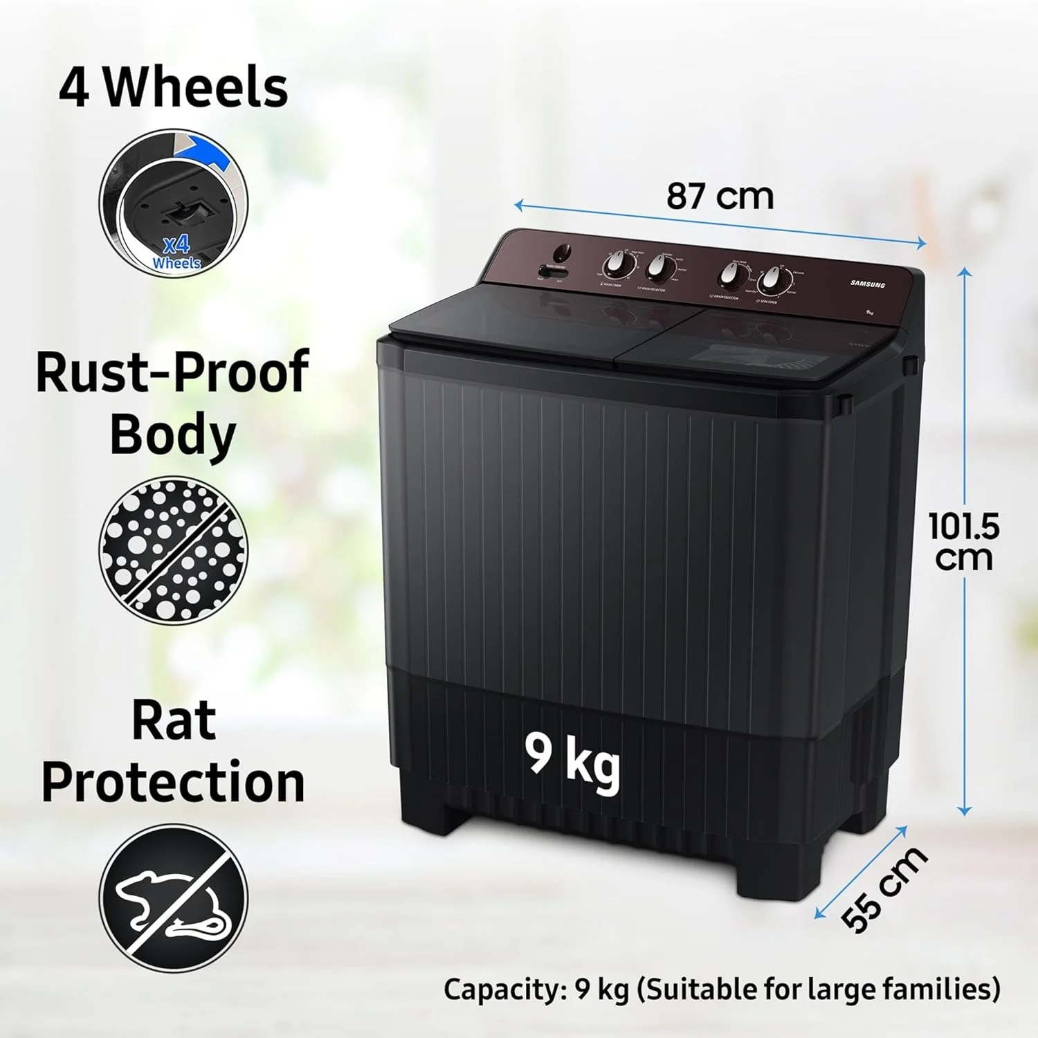 Samsung 9 Kg 5 Star Semi-Automatic Top Load Washing Machine Appliance (WT90B3560RB/TL,DARK GRAY) - Image 6