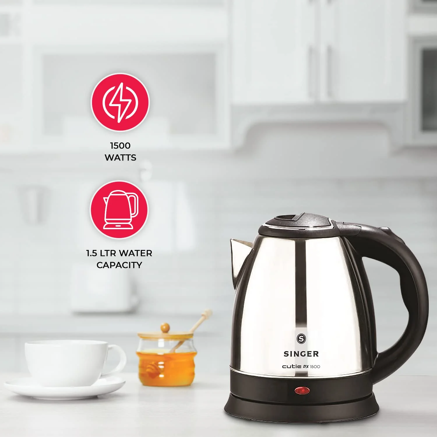 Singer Cutie DX 1500 Stainless Steel Electric Kettle, 1500 Watts - Image 2