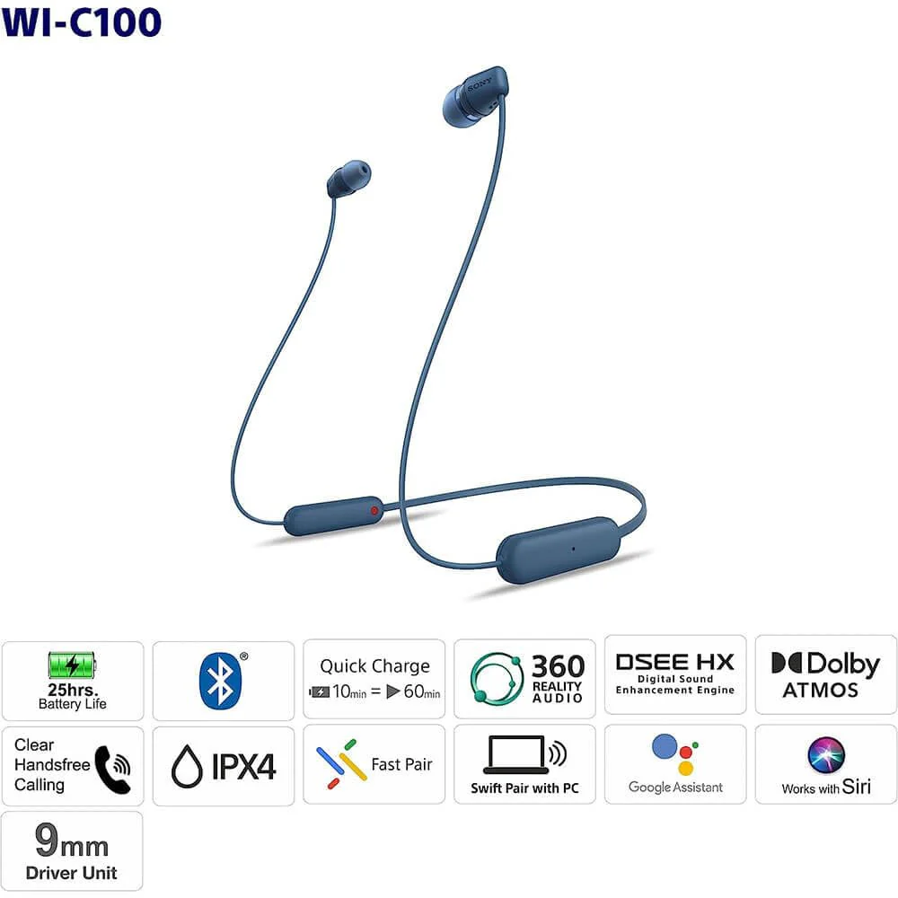Sony WI-C100 Wireless Headphones with Customizable Equalizer for Deep Bass &amp; 25 Hrs Battery, DSEE-Upscale, Splash Proof, 360RA, Fast Pair, in-Ear Bluetooth Headset with mic for Phone Calls (Black) - Image 4