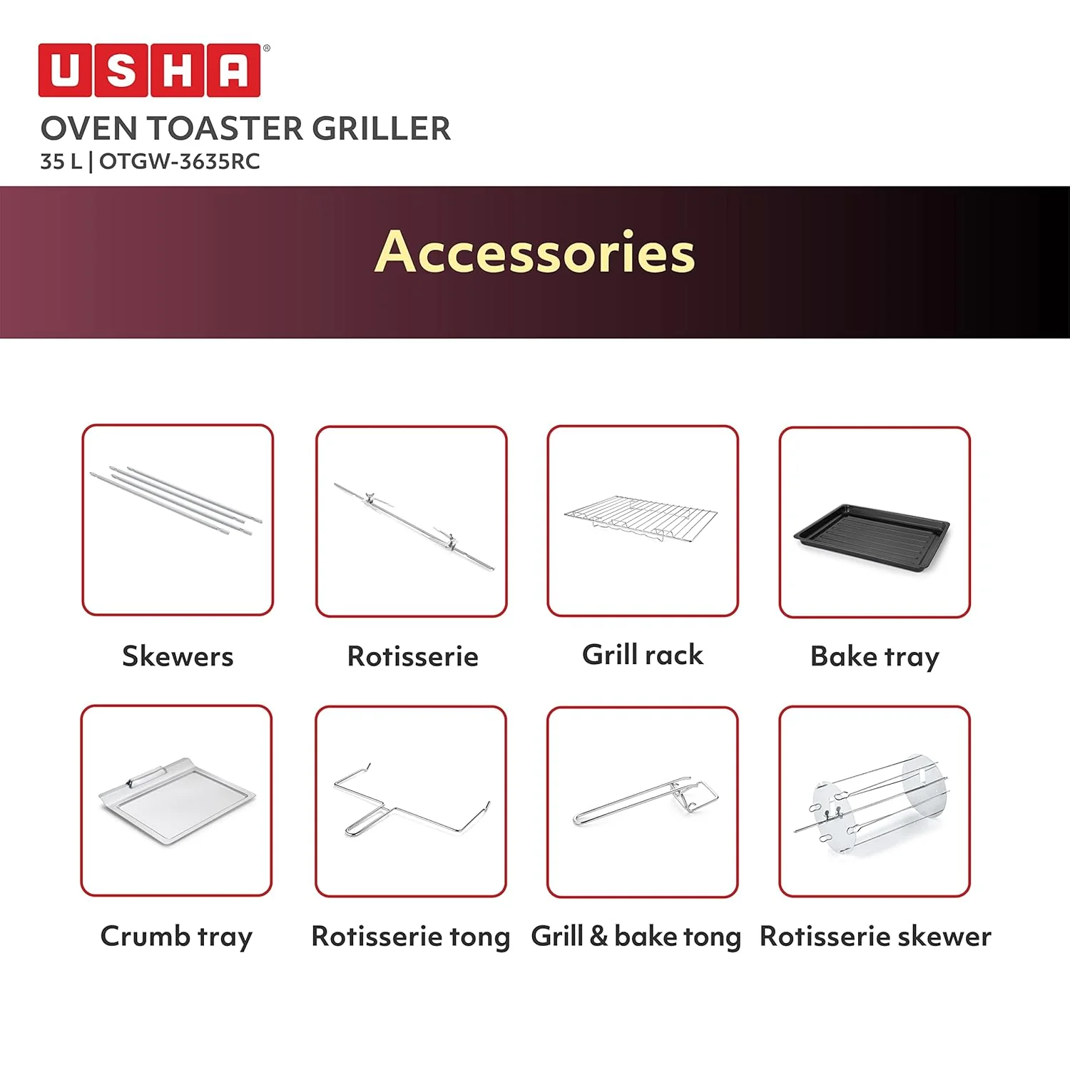 USHA 3635Rc 35L Oven Toaster Grill With Rotisserie And Convection For 360 Degree Even Cooking, 6 Mode Heating Function(Wine & Matte Black), 1600 Watts, 35 liter - Image 3