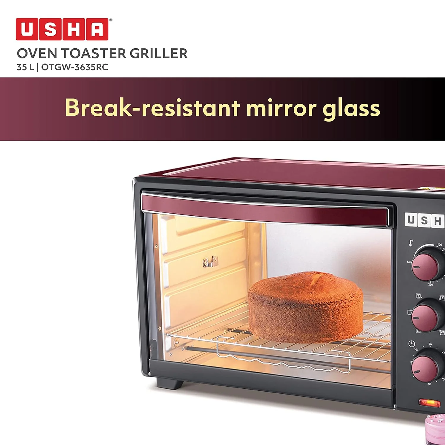 USHA 3635Rc 35L Oven Toaster Grill With Rotisserie And Convection For 360 Degree Even Cooking, 6 Mode Heating Function(Wine & Matte Black), 1600 Watts, 35 liter - Image 4