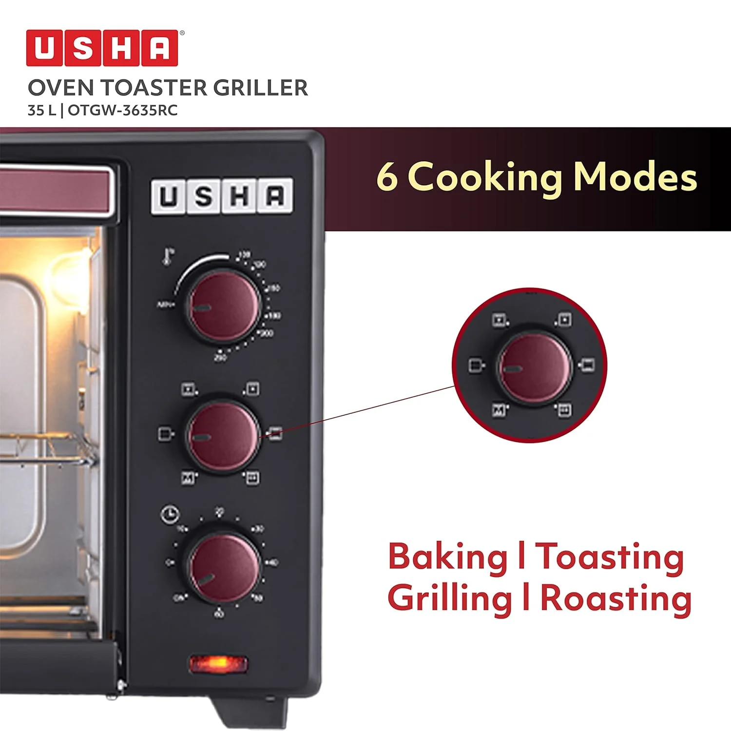 USHA 3635Rc 35L Oven Toaster Grill With Rotisserie And Convection For 360 Degree Even Cooking, 6 Mode Heating Function(Wine & Matte Black), 1600 Watts, 35 liter - Image 5