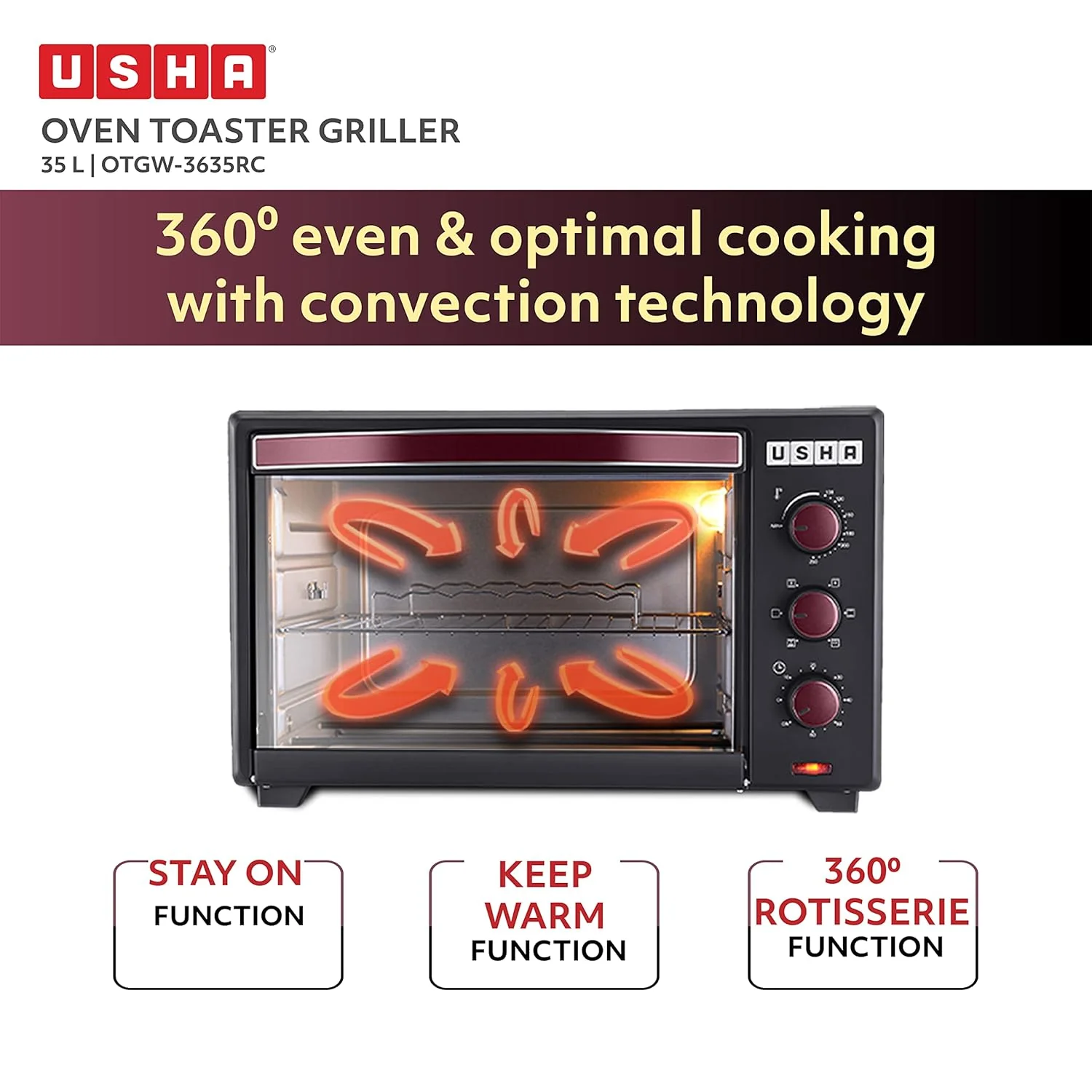 USHA 3635Rc 35L Oven Toaster Grill With Rotisserie And Convection For 360 Degree Even Cooking, 6 Mode Heating Function(Wine & Matte Black), 1600 Watts, 35 liter - Image 6