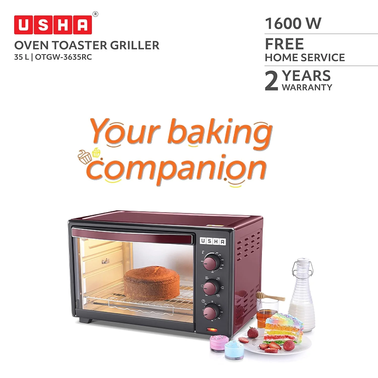 USHA 3635Rc 35L Oven Toaster Grill With Rotisserie And Convection For 360 Degree Even Cooking, 6 Mode Heating Function(Wine & Matte Black), 1600 Watts, 35 liter - Image 7