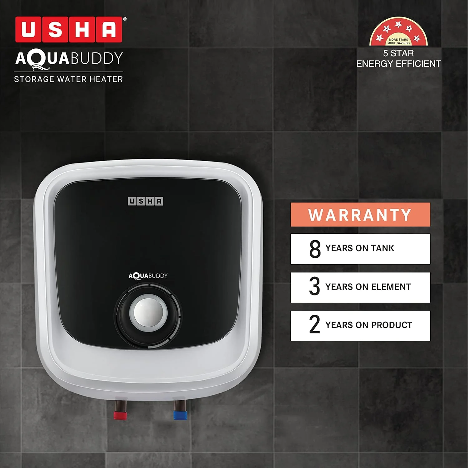 USHA Aquabuddy 15 Litre Storage Wall Water Heater With Free Installation (White Black) - Image 3