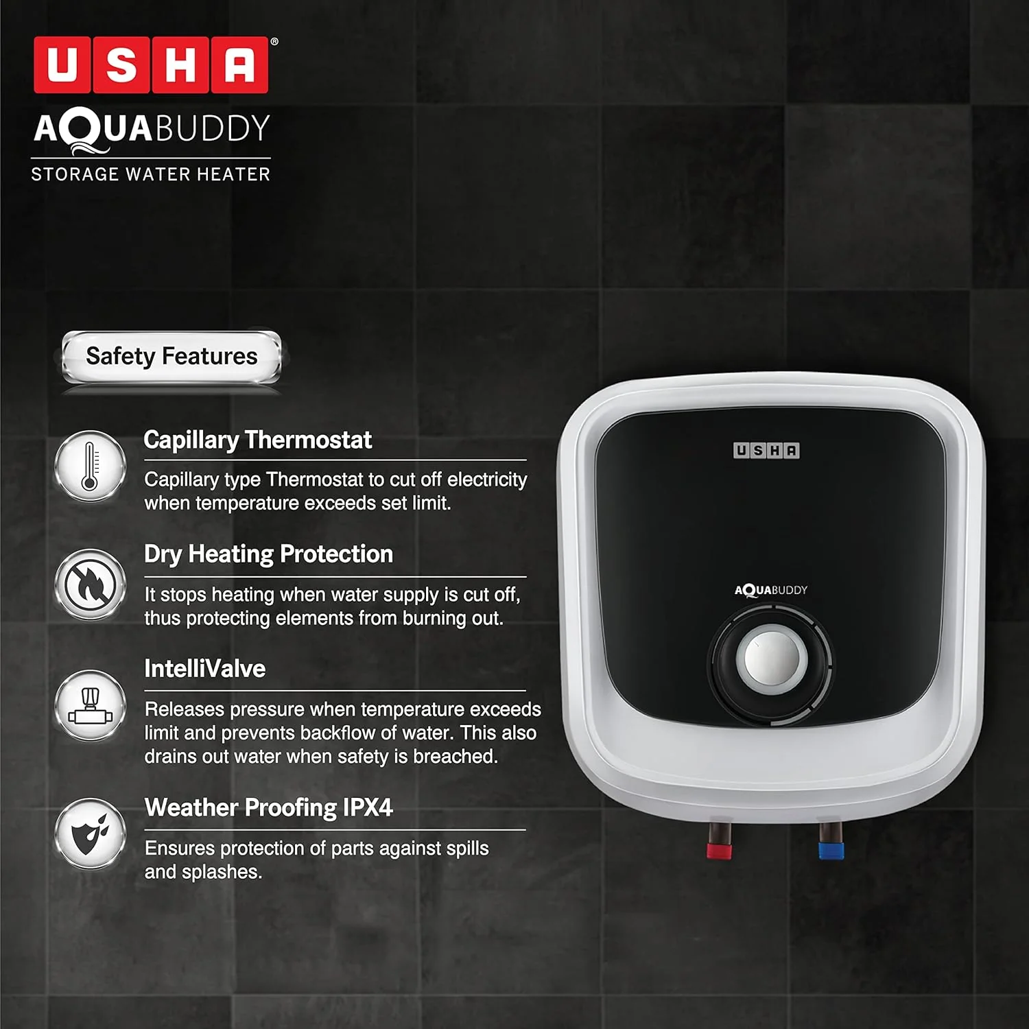 USHA Aquabuddy 15 Litre Storage Wall Water Heater With Free Installation (White Black) - Image 4
