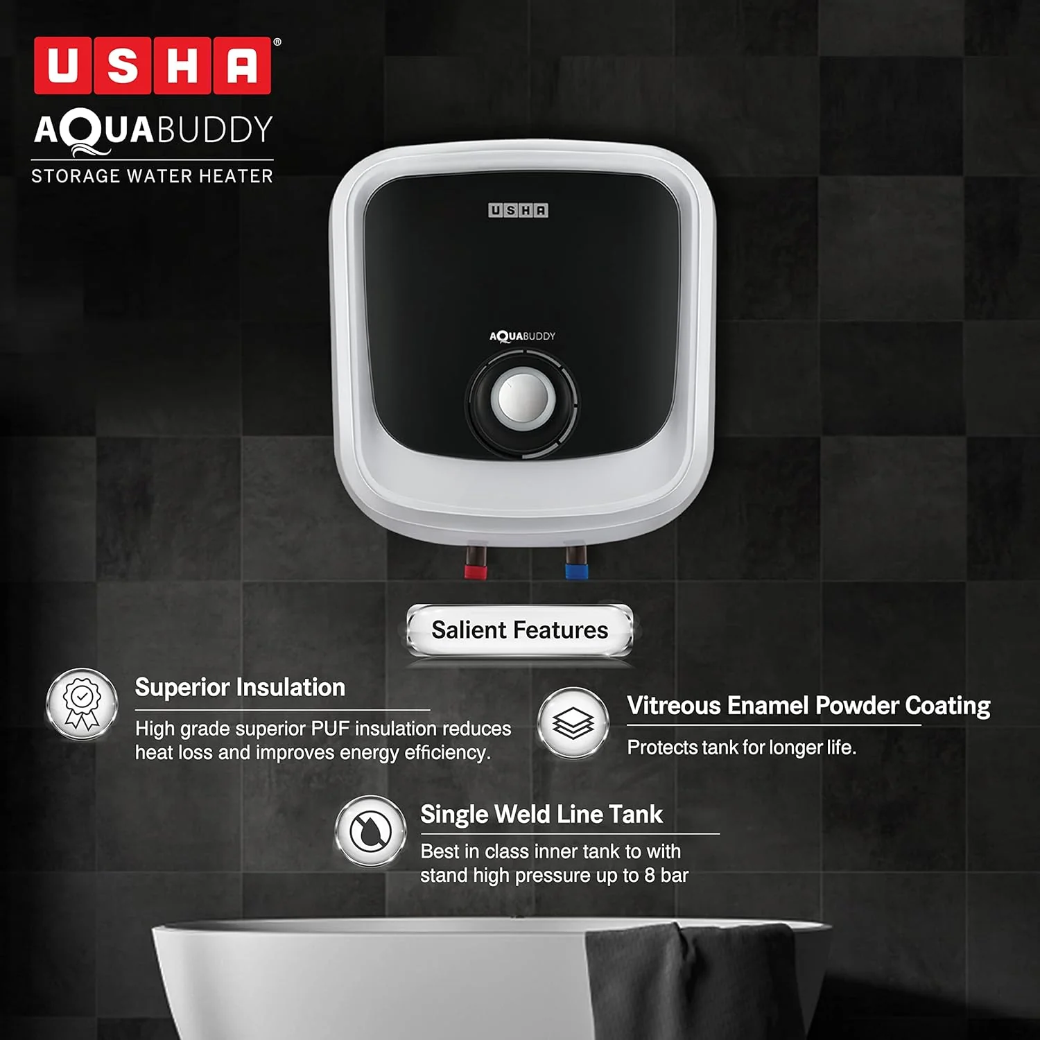USHA Aquabuddy 15 Litre Storage Wall Water Heater With Free Installation (White Black) - Image 5