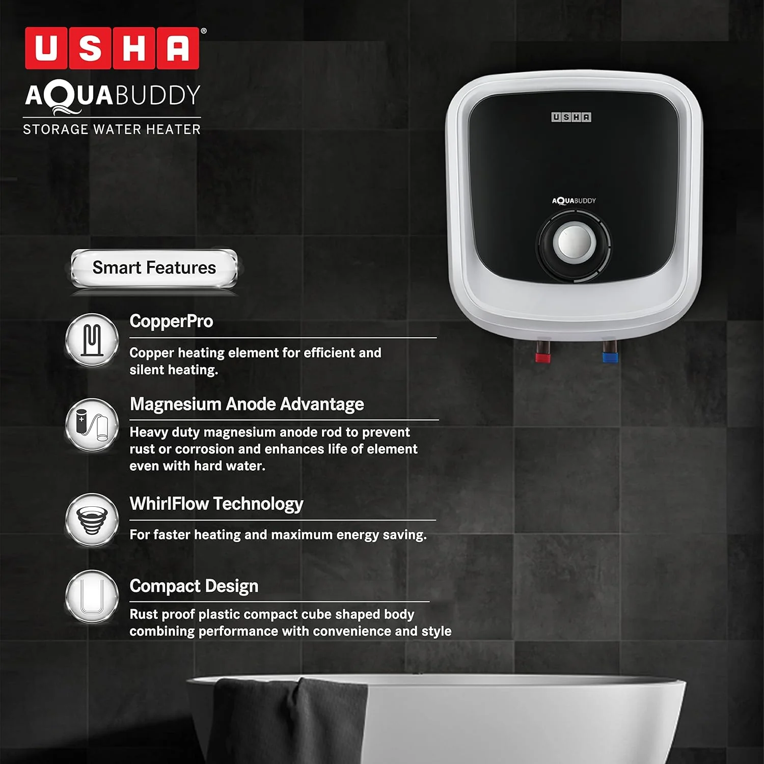 USHA Aquabuddy 15 Litre Storage Wall Water Heater With Free Installation (White Black) - Image 6