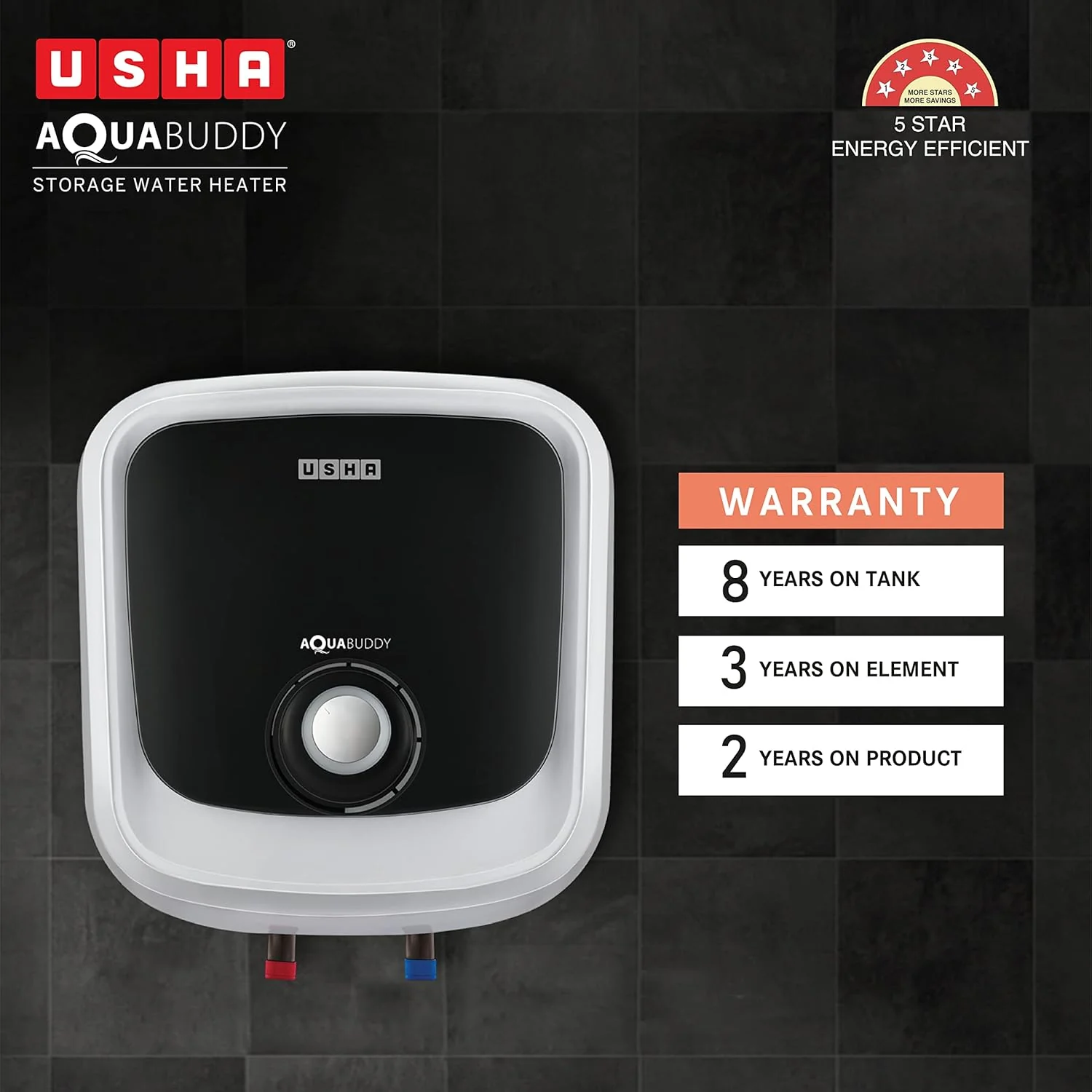 Usha Aquabuddy 25 Litre Storage Water Heater with Free Installation (White Black) - Image 3