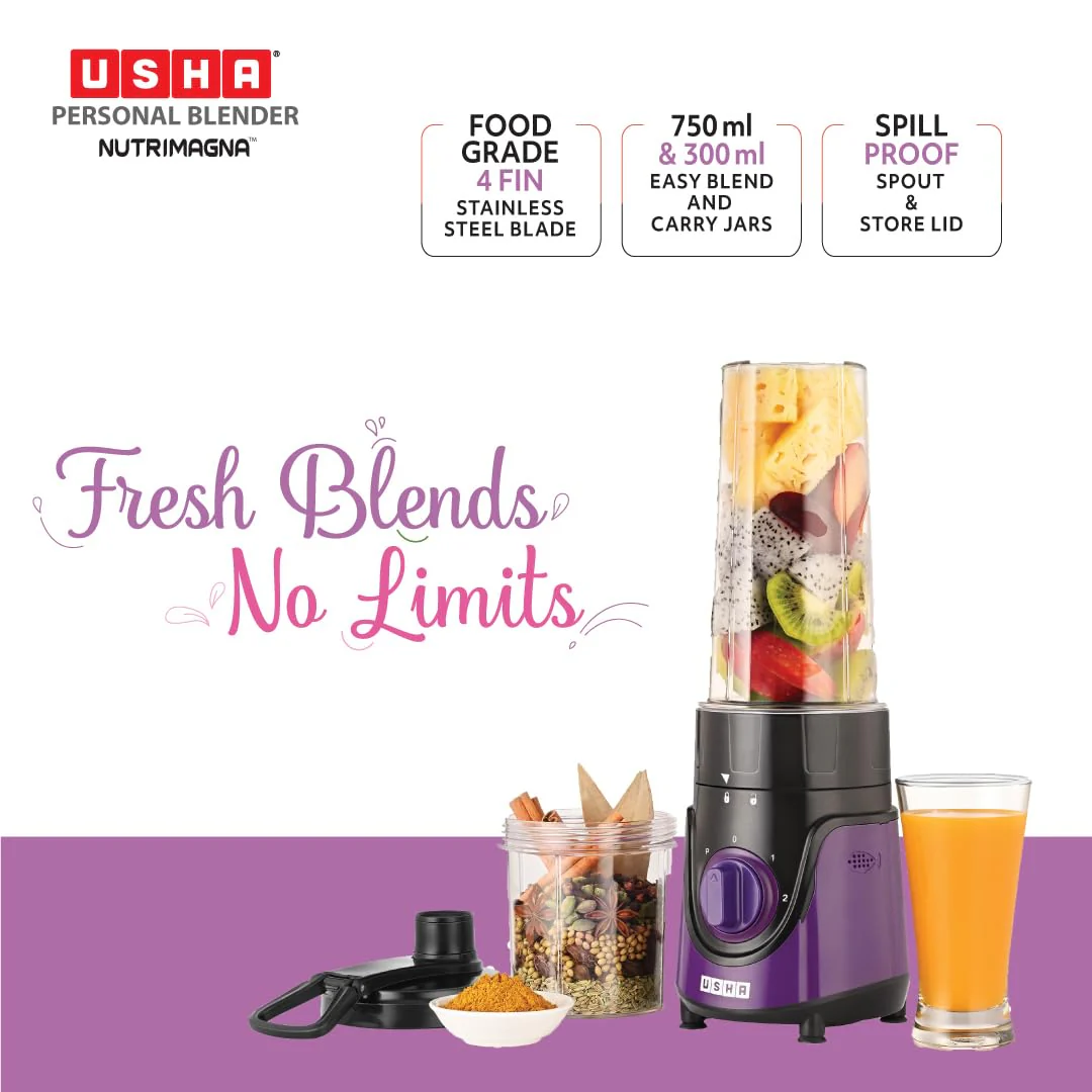 USHA Blender Nutrimagna | 350W| On the Go Blender| Stainless steel blades| Spill proof spout and store lid | 2 speed and pulse operation | Lavender - Image 5
