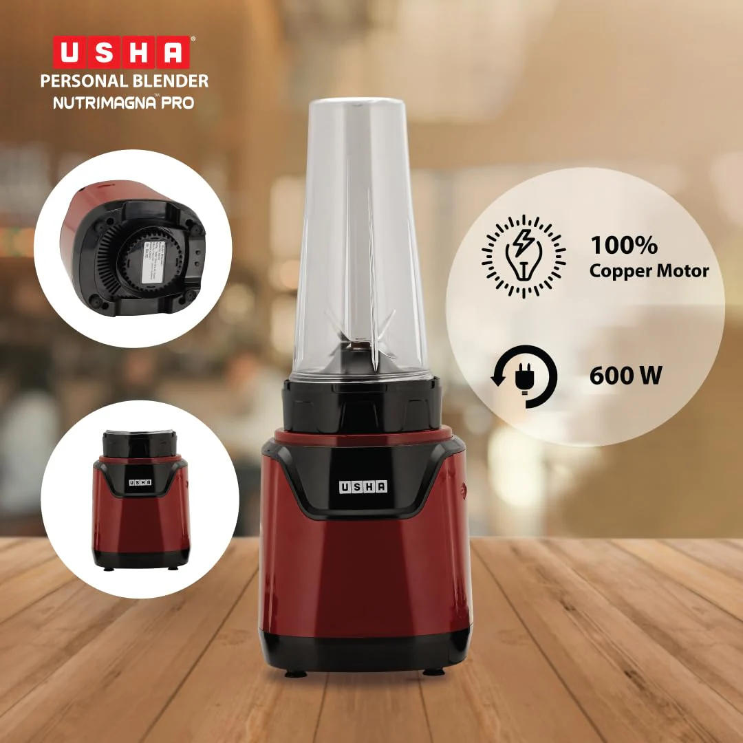 USHA Blender Nutrimagna Pro | 600W |On the Go Blender| Stainless steel blades| Spill proof spout and store lid | 2 blade assembly | Maroon - Image 3