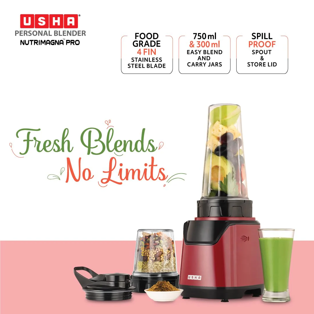USHA Blender Nutrimagna Pro | 600W |On the Go Blender| Stainless steel blades| Spill proof spout and store lid | 2 blade assembly | Maroon - Image 5