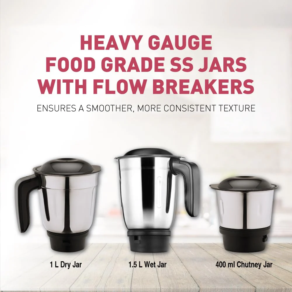 USHA Colt Prime Mixer Grinder| 500W| Powerful 100% Copper Motor| Rust Resistant Stainless Steel Jars & Blades| Uniform Grinding with 3 Jars| 5 Years Motor Warranty - Image 3