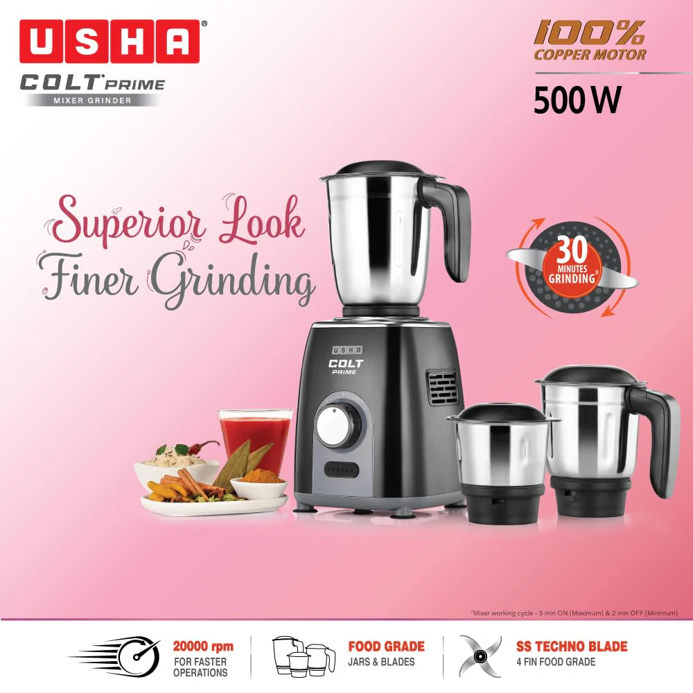 USHA Colt Prime Mixer Grinder| 500W| Powerful 100% Copper Motor| Rust Resistant Stainless Steel Jars & Blades| Uniform Grinding with 3 Jars| 5 Years Motor Warranty - Image 4