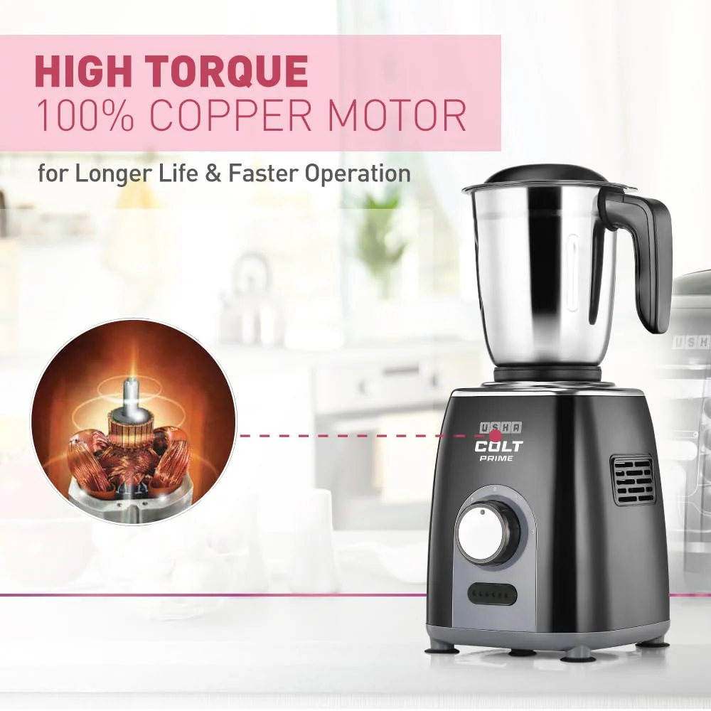 USHA Colt Prime Mixer Grinder| 500W| Powerful 100% Copper Motor| Rust Resistant Stainless Steel Jars & Blades| Uniform Grinding with 3 Jars| 5 Years Motor Warranty - Image 5