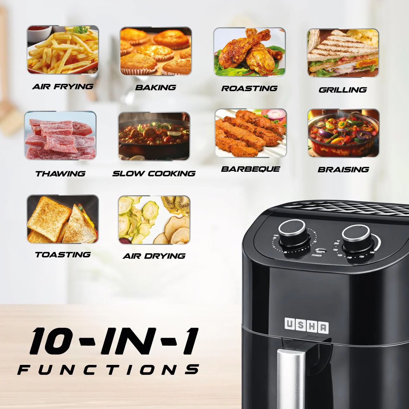 USHA Ichef Air Fryer 4.5L, 10 In 1 Functions: Air Frying, Baking, Roasting, Grilling, Thawing, Slow, Toasting And Air Drying |Turbo Air Circulation|Oil Free Cooking (Black), 1350 Watts - Image 3