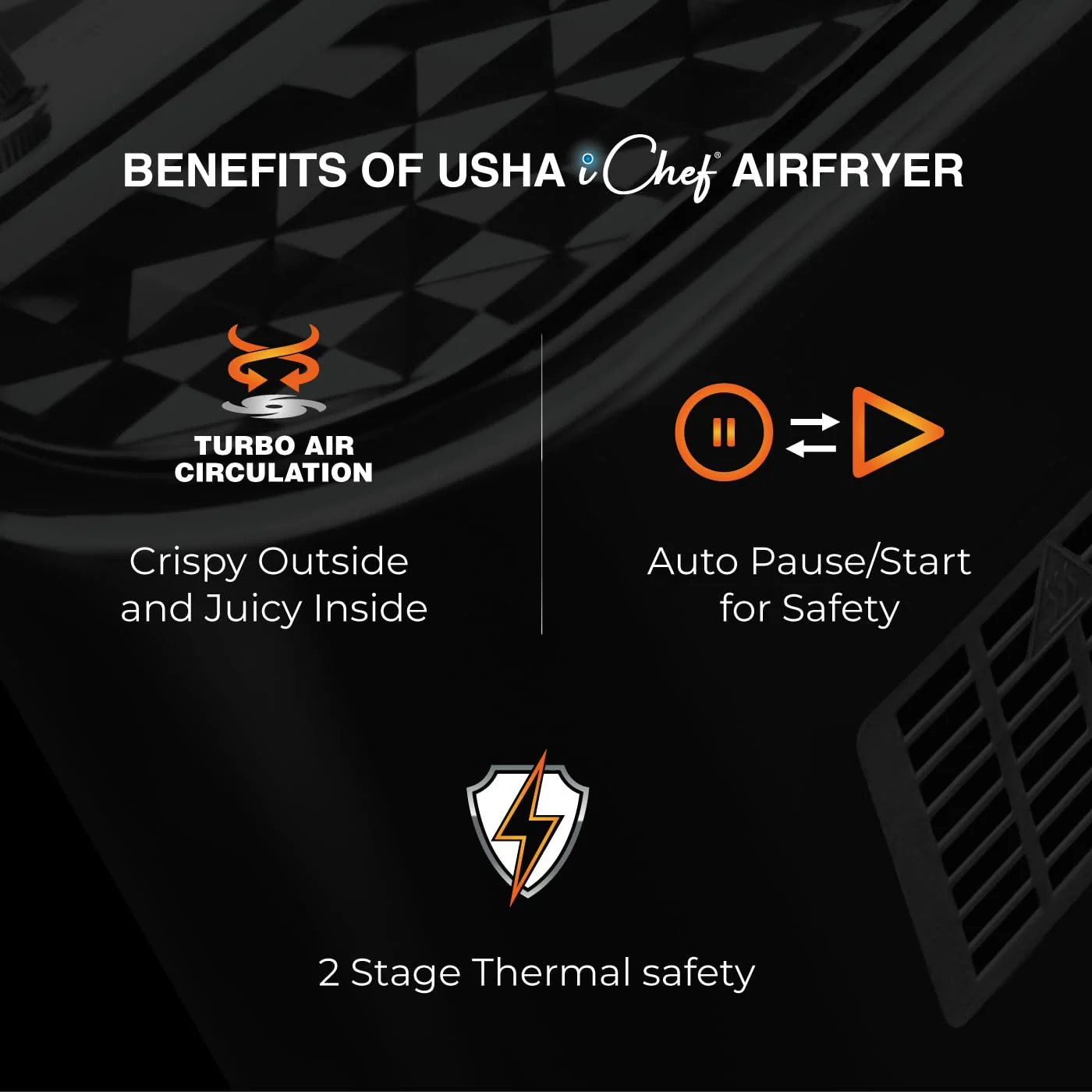 USHA Ichef Air Fryer 4.5L, 10 In 1 Functions: Air Frying, Baking, Roasting, Grilling, Thawing, Slow, Toasting And Air Drying |Turbo Air Circulation|Oil Free Cooking (Black), 1350 Watts - Image 6