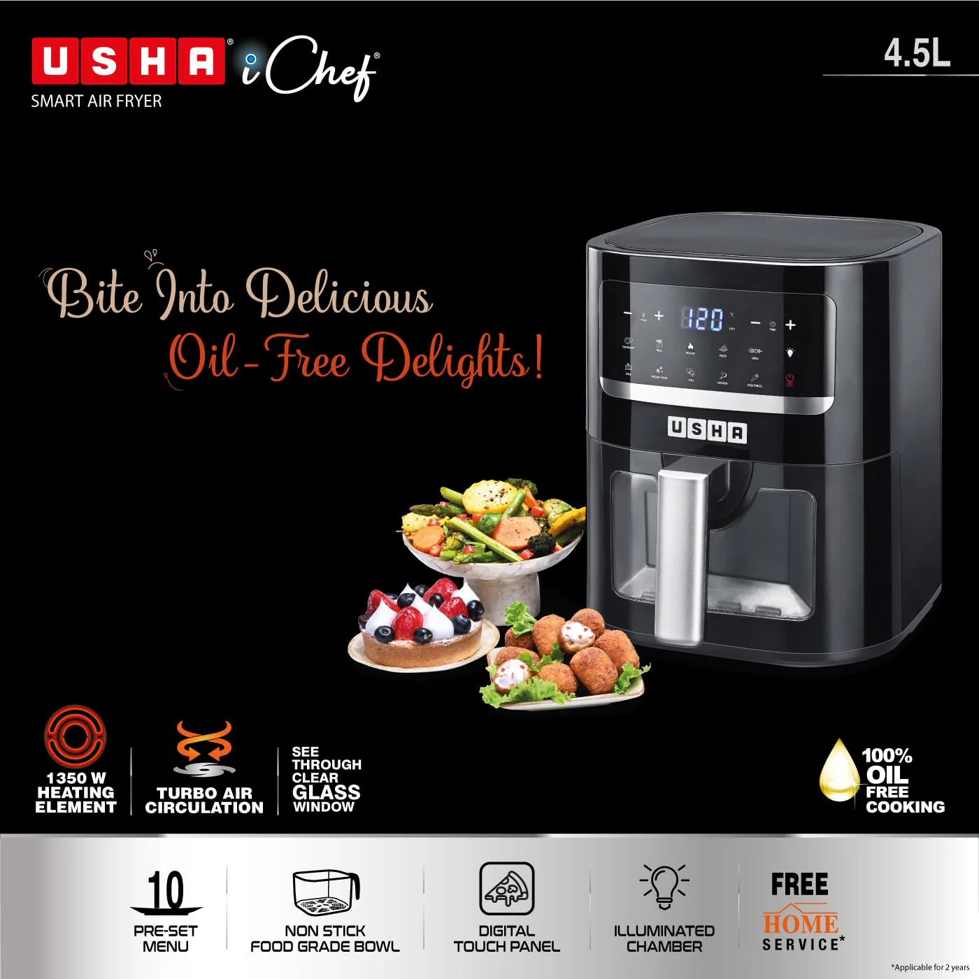 USHA Ichef Smart Air Fryer 4.5L,10 In 1 Functions10 Preset Menu|Digital Display&Touch Panel|Transparent Window|Illuminated Chamber|Turbo Air Circulation|Oil Free Cooking|Auto Pause/Start(Black),1350W - Image 7