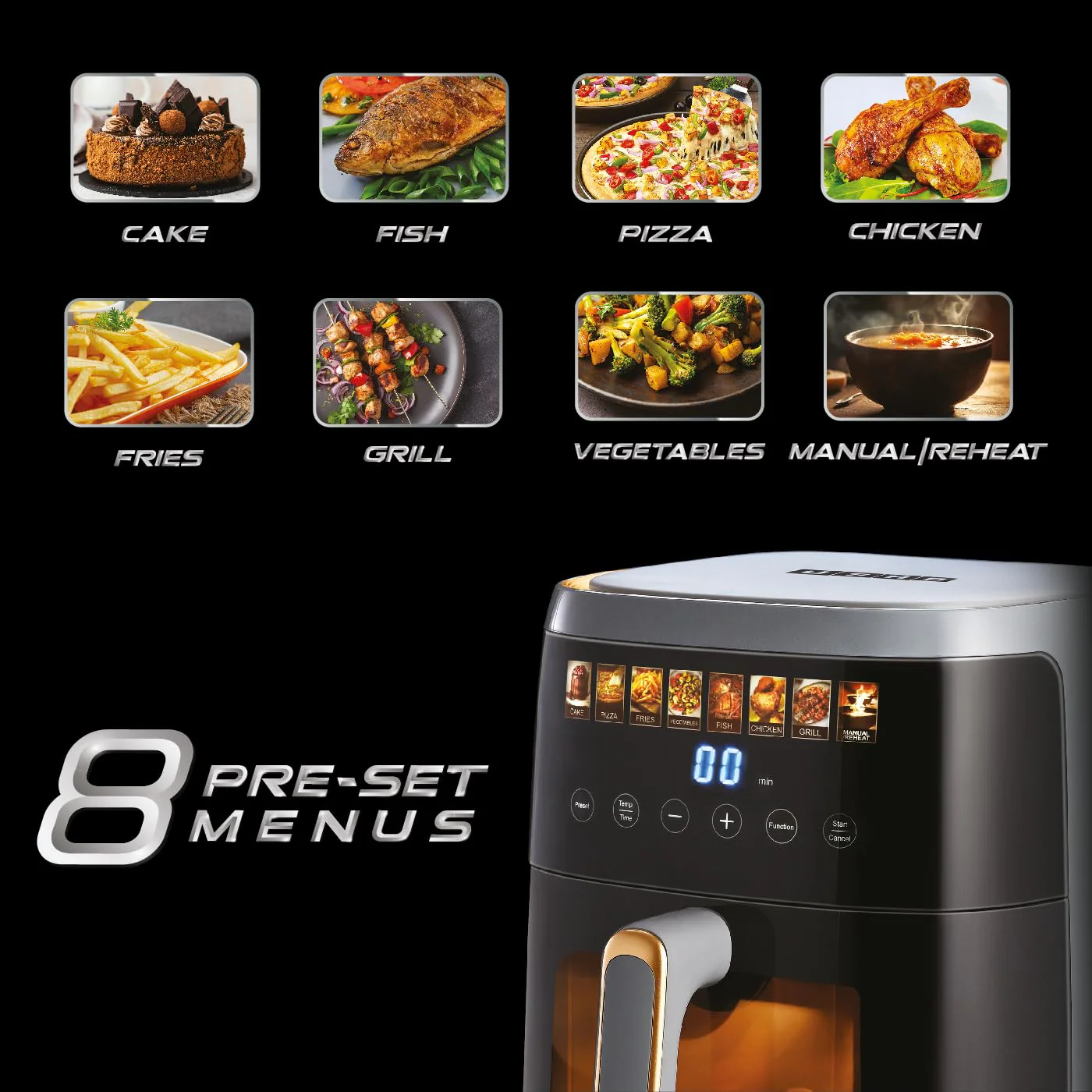 Usha iChef Smart Air Fryer 5L | 1500 Watt | 10 in 1 Functions | 8 Preset Menu | Turbo Air Circulation |360° View | Illuminated chamber | Oil Free Cooking | Digital display With Touch Panel (Blue) - Image 4