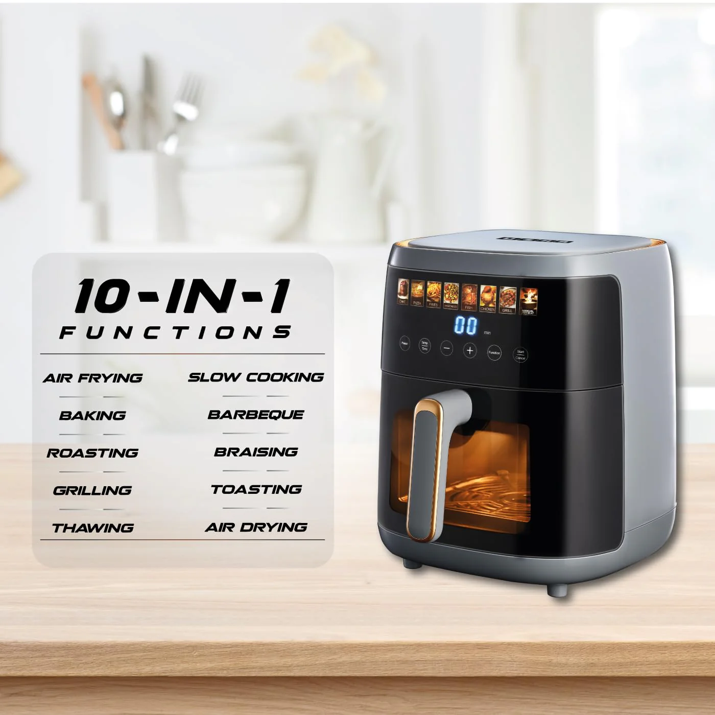Usha iChef Smart Air Fryer 5L | 1500 Watt | 10 in 1 Functions | 8 Preset Menu | Turbo Air Circulation |360° View | Illuminated chamber | Oil Free Cooking | Digital display With Touch Panel (Blue) - Image 6