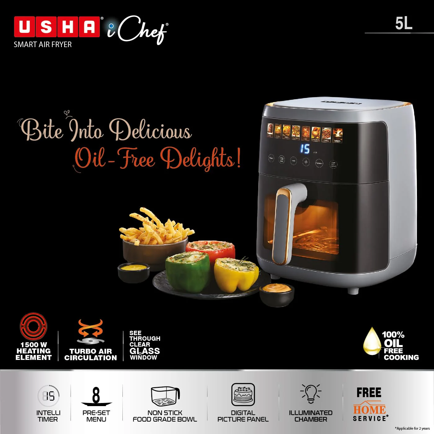 Usha iChef Smart Air Fryer 5L | 1500 Watt | 10 in 1 Functions | 8 Preset Menu | Turbo Air Circulation |360° View | Illuminated chamber | Oil Free Cooking | Digital display With Touch Panel (Blue) - Image 7