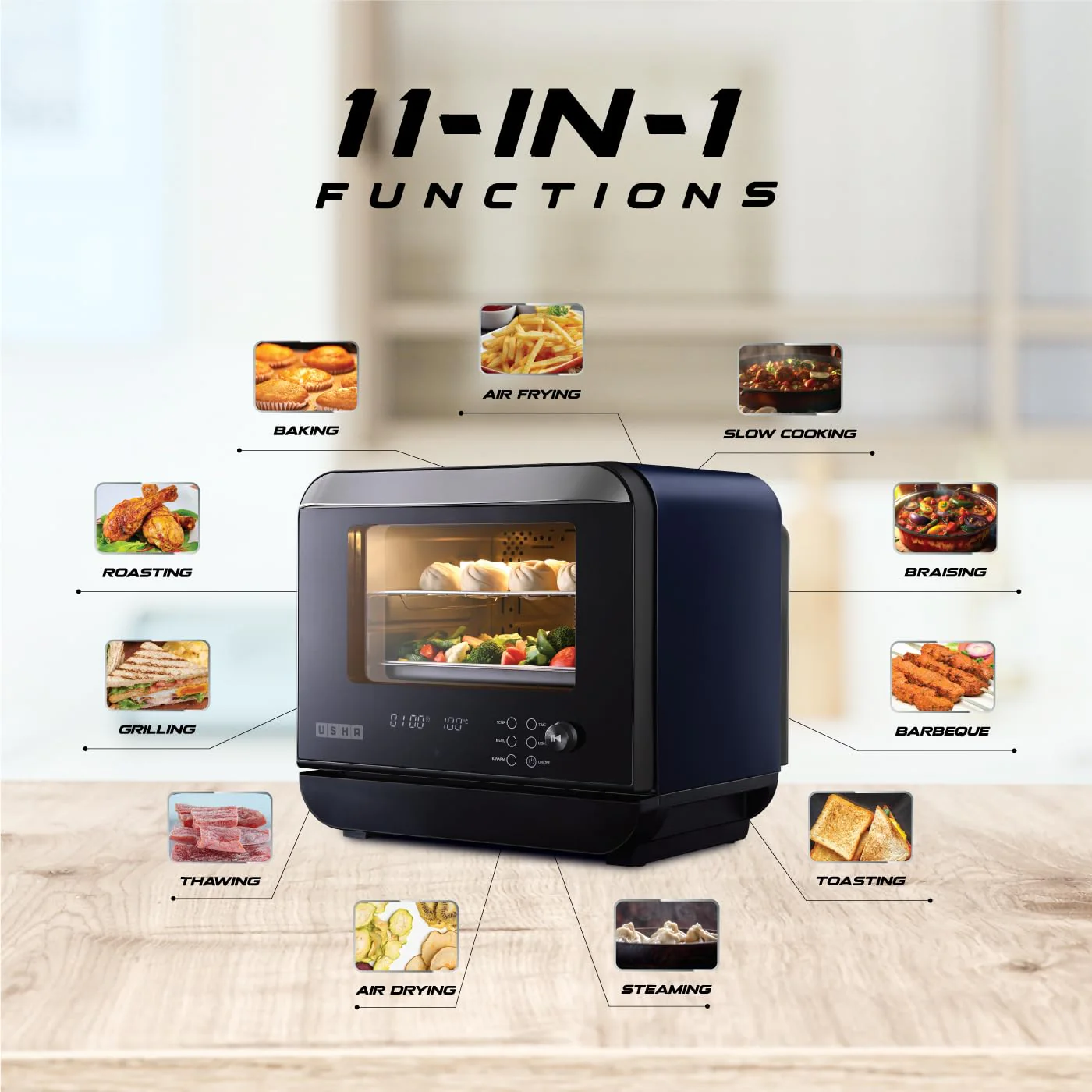 Usha iChef Steam Oven | Air Fryer | Steamer | 39 Pre-set Menus | 11 in-1 Functions | 3 Level cooking | Turbo Air Circulation | 1000 W Heating element and 800 W 3D Steam &amp; 18L (Blue) - Image 5