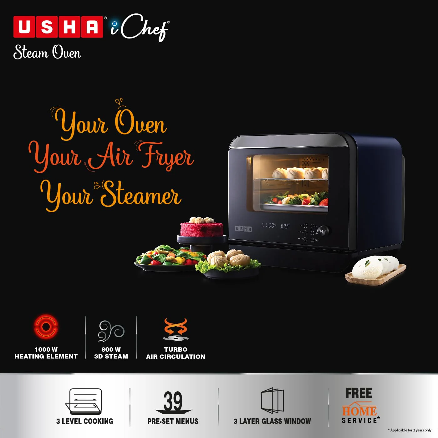 Usha iChef Steam Oven | Air Fryer | Steamer | 39 Pre-set Menus | 11 in-1 Functions | 3 Level cooking | Turbo Air Circulation | 1000 W Heating element and 800 W 3D Steam &amp; 18L (Blue) - Image 6