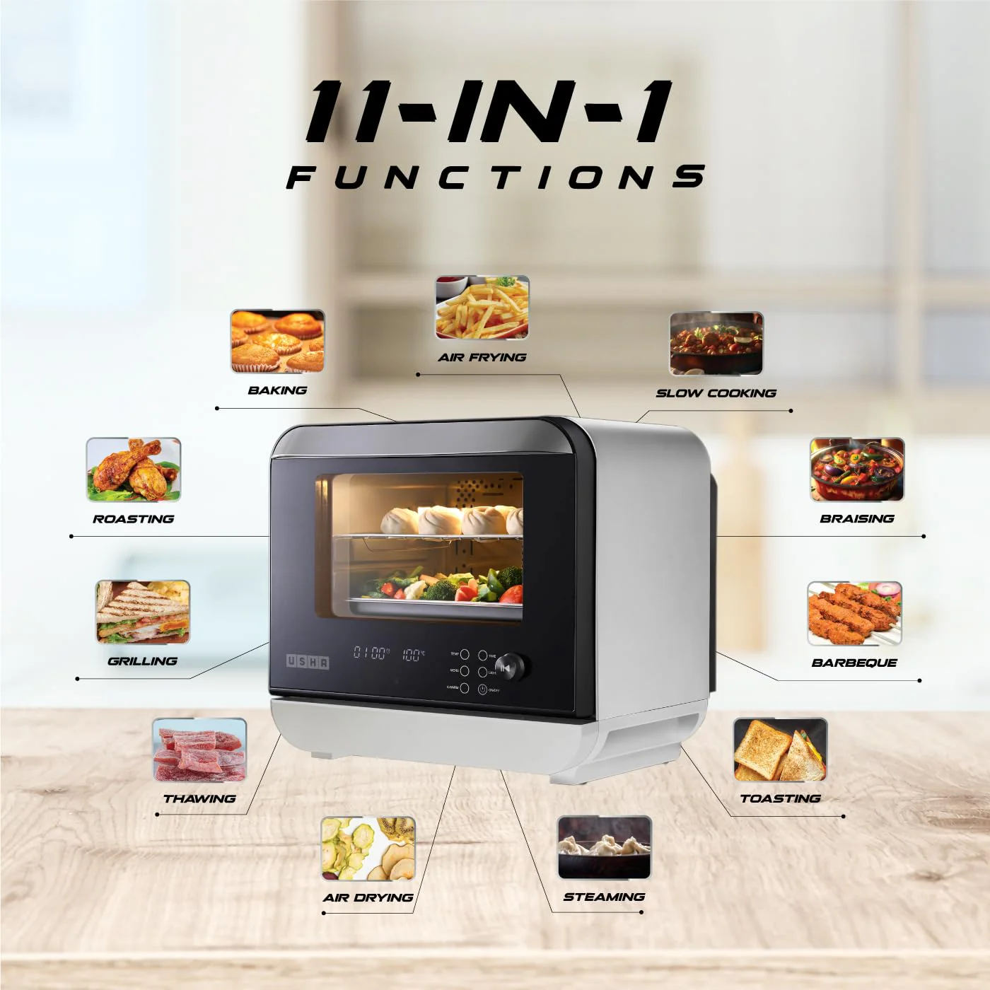 Usha iChef Steam Oven | Air Fryer | Steamer | 39 Pre-set Menus | 11 in-1 Functions | 3 Level cooking | Turbo Air Circulation | 1000 W Heating element and 800 W 3D Steam &amp; 18L (White) - Image 4