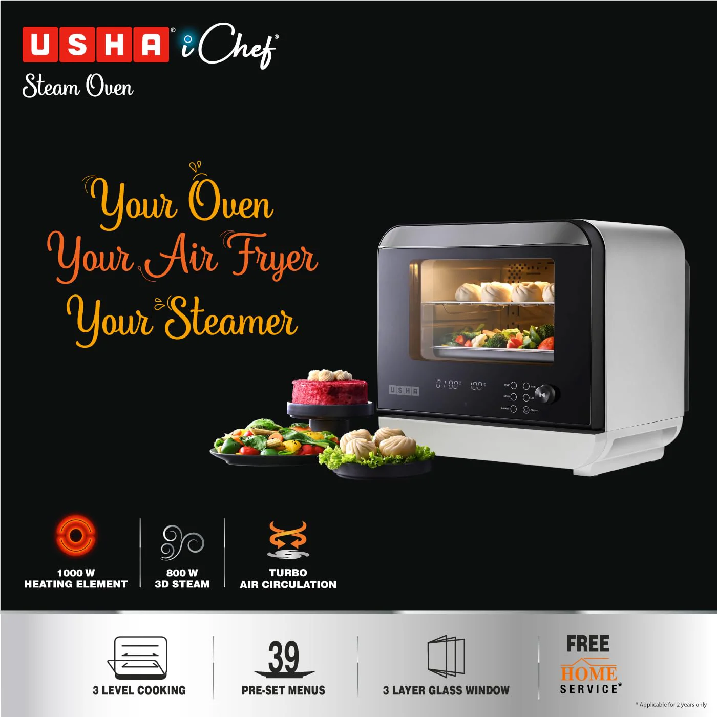 Usha iChef Steam Oven | Air Fryer | Steamer | 39 Pre-set Menus | 11 in-1 Functions | 3 Level cooking | Turbo Air Circulation | 1000 W Heating element and 800 W 3D Steam &amp; 18L (White) - Image 5