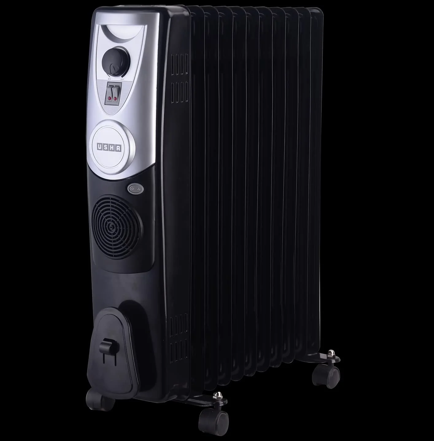 USHA OFR 4211 F PTC 2500W Oil Filled Radiator Room Heater with 11 Fins, 3 Heat Settings, Adjustable Thermostat, Built-in Fan, Overheat & Tip-Over Protection (Black) - Image 5