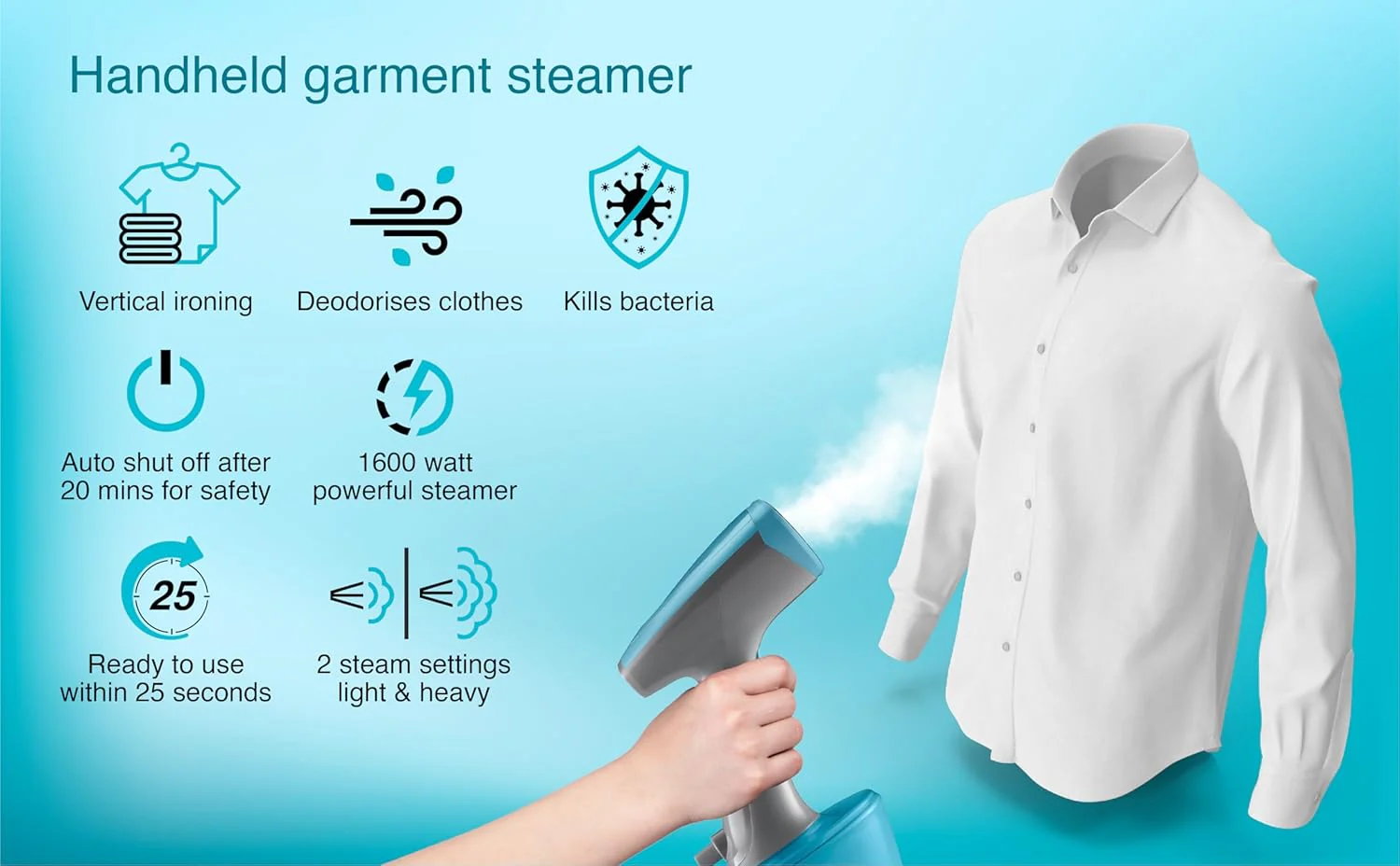 USHA Techne Direct 2000 Garment Steamer- Vertical Steaming,1600 Watts,Up to 28 G/Min Steam Output|320Ml Water Tank|Auto Shut Off After 20 Min|2 Steam Setting(White) - Image 4
