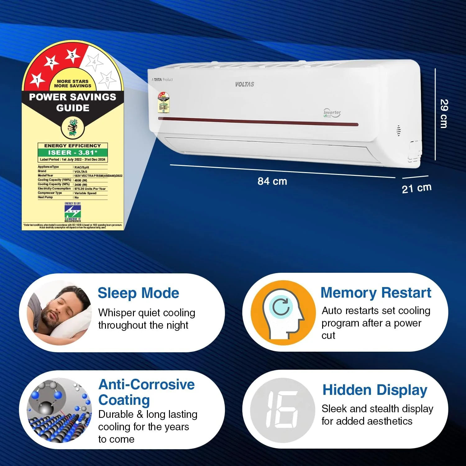 Voltas 1.5 Ton 3 Star Adjustable Inverter Split AC(Copper, 183 V Vectra Prism, 4-in-1 Adjustable Mode, White) - Image 4