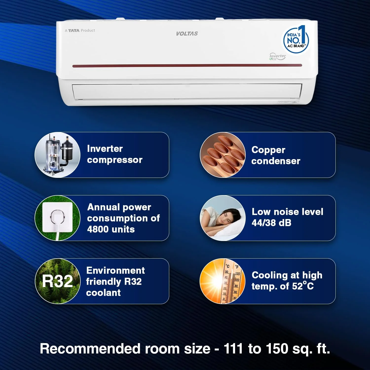 Voltas 1.5 Ton 3 Star Adjustable Inverter Split AC(Copper, 183 V Vectra Prism, 4-in-1 Adjustable Mode, White) - Image 8