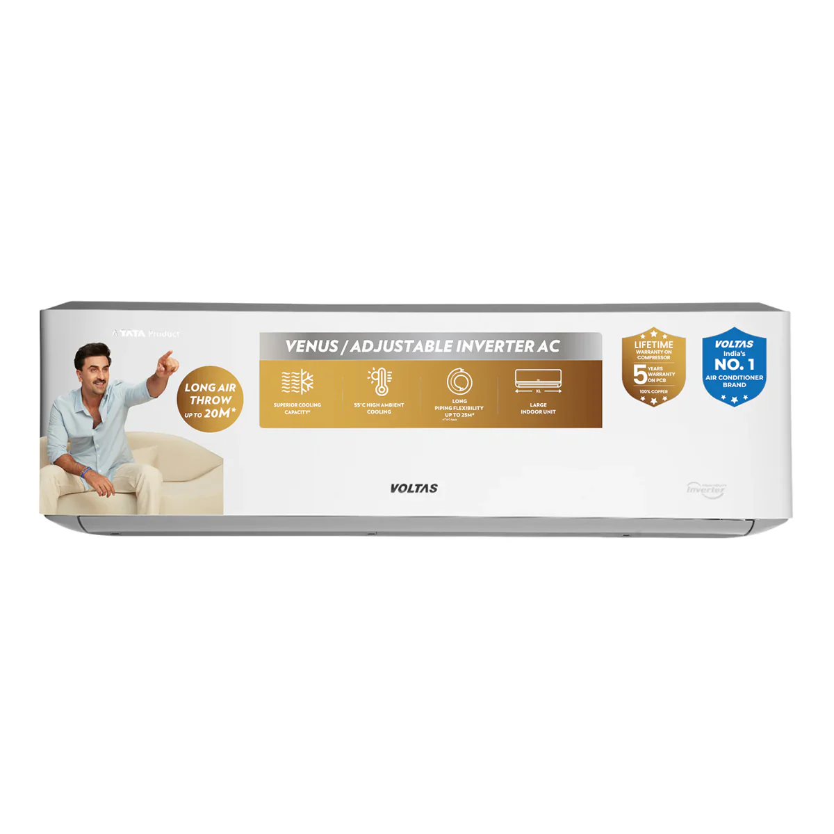 Voltas 1.5 ton 5 Star, New star rated, Inverter Split AC (Copper, Convertible 6-in-1 Cooling Modes, Auto Clean, Sleep Mode with Hidden Display, Memory Restart (185INV VENUS LUXE, White)