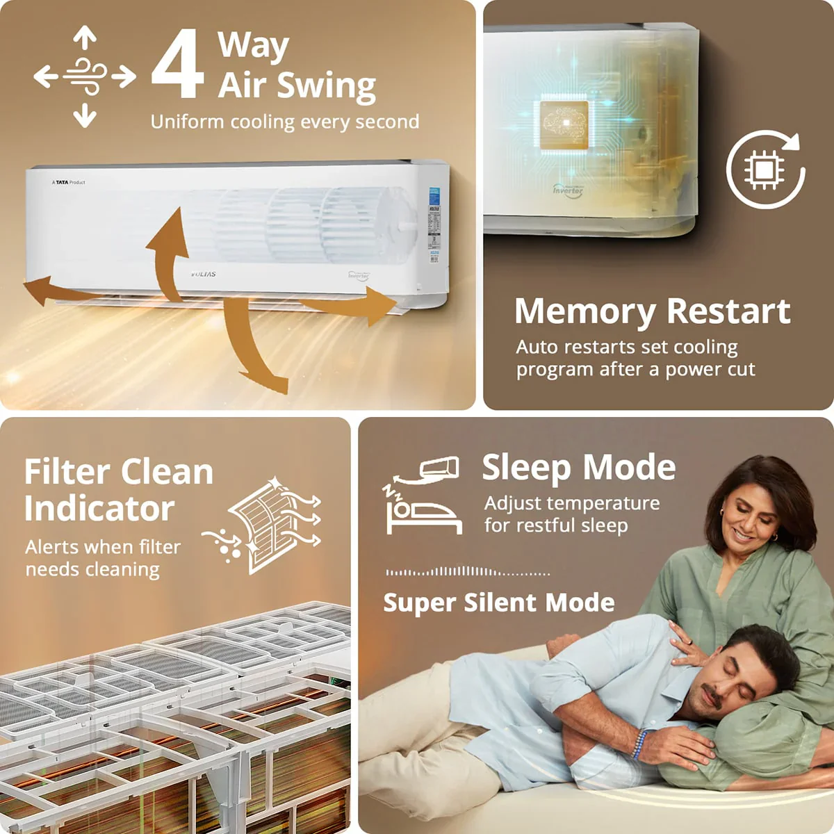 Voltas 1.5 ton 5 Star, New star rated, Inverter Split AC (Copper, Convertible 6-in-1 Cooling Modes, Auto Clean, Sleep Mode with Hidden Display, Memory Restart (185INV VENUS LUXE, White) - Image 10