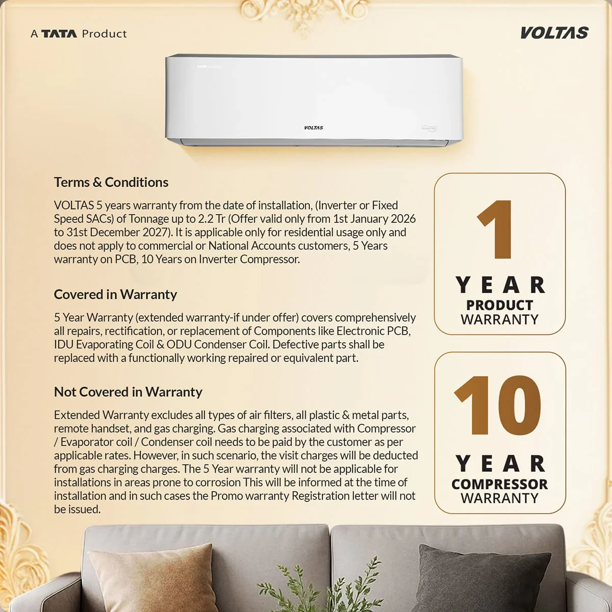 Voltas 1.5 ton 5 Star, New star rated, Inverter Split AC (Copper, Convertible 6-in-1 Cooling Modes, Auto Clean, Sleep Mode with Hidden Display, Memory Restart (185INV VENUS LUXE, White) - Image 6
