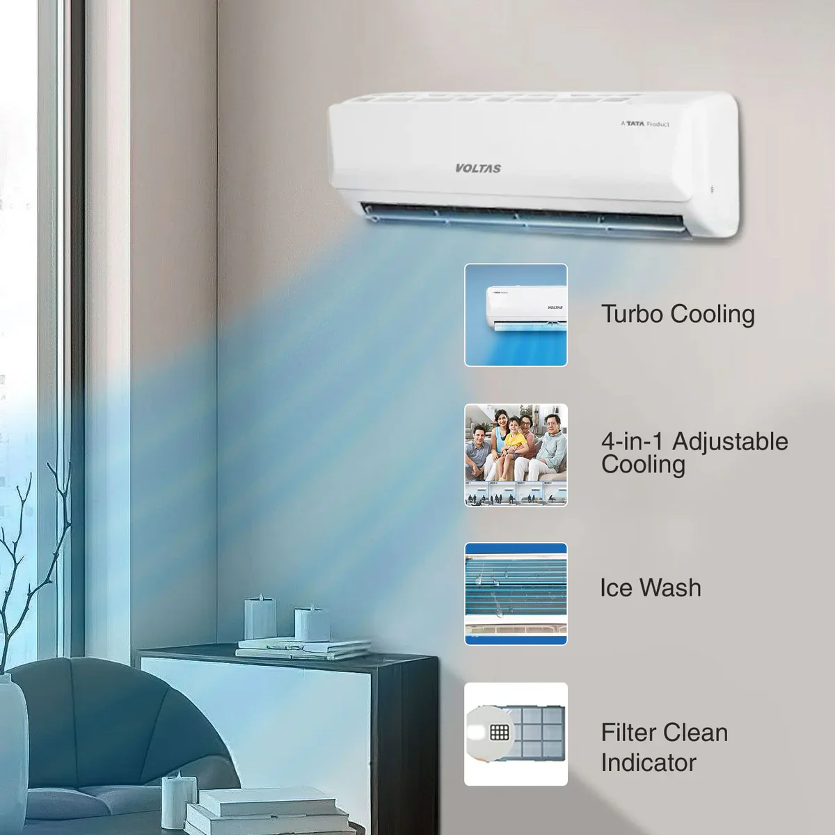 Voltas 185Inv Vectra Emerald 1.5 Ton 5 Star Inverter Split AC(Copper, 5-in-1 Adjustable Mode, Anti-dust Filter, White) - Image 2