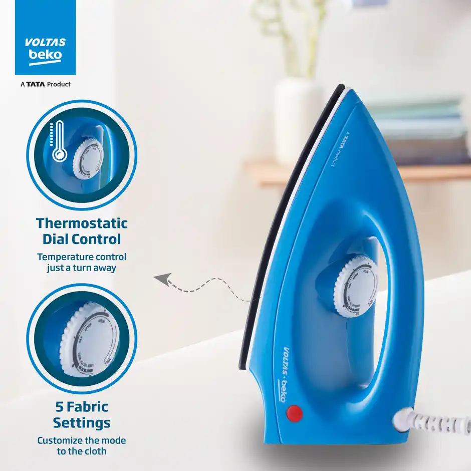 Voltas Beko 1000 W Dry Iron (I1000VD-BU, Blue, with Crease-busting Greblon Soleplate) - Image 4