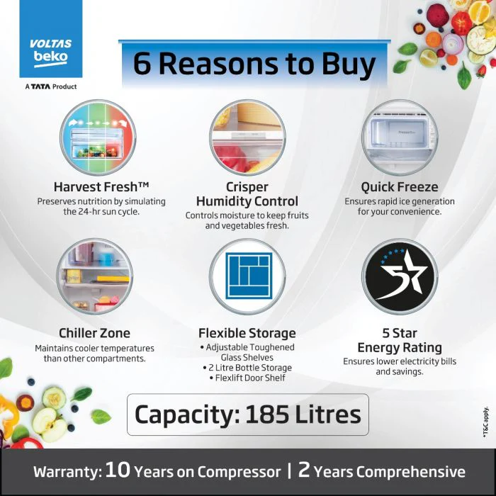 Voltas Beko 185 L, 5 Star, Direct Cool Single Door Refrigerator with Harvest Fresh Technology (RDC220A / W0DWETMH000GD, Dahlia Wine) - Image 4
