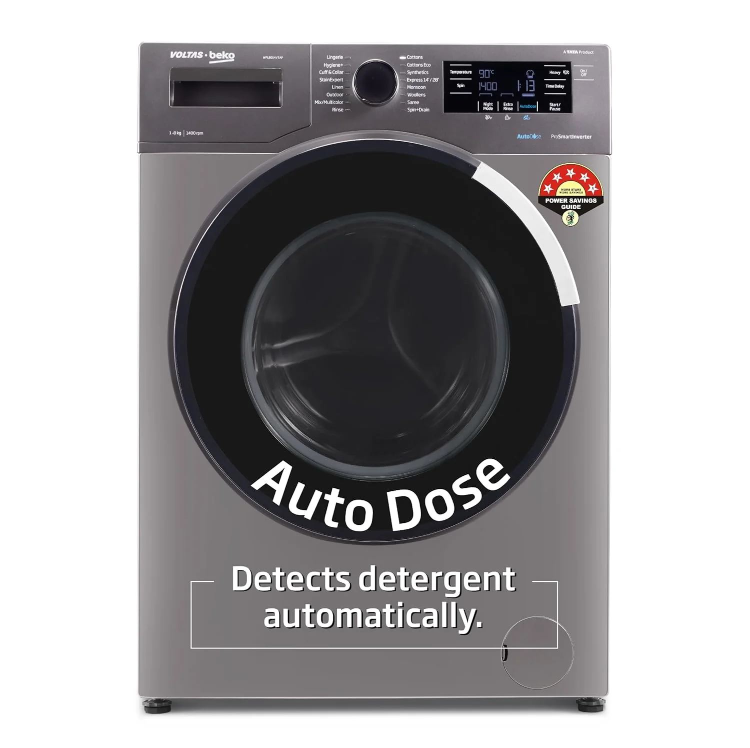 Voltas Beko 8.0kg, Inverter, 5 Star Front Load Washing Machine (WFL8014VTAP, Anthracite), Auto Dosing,Stain Expert