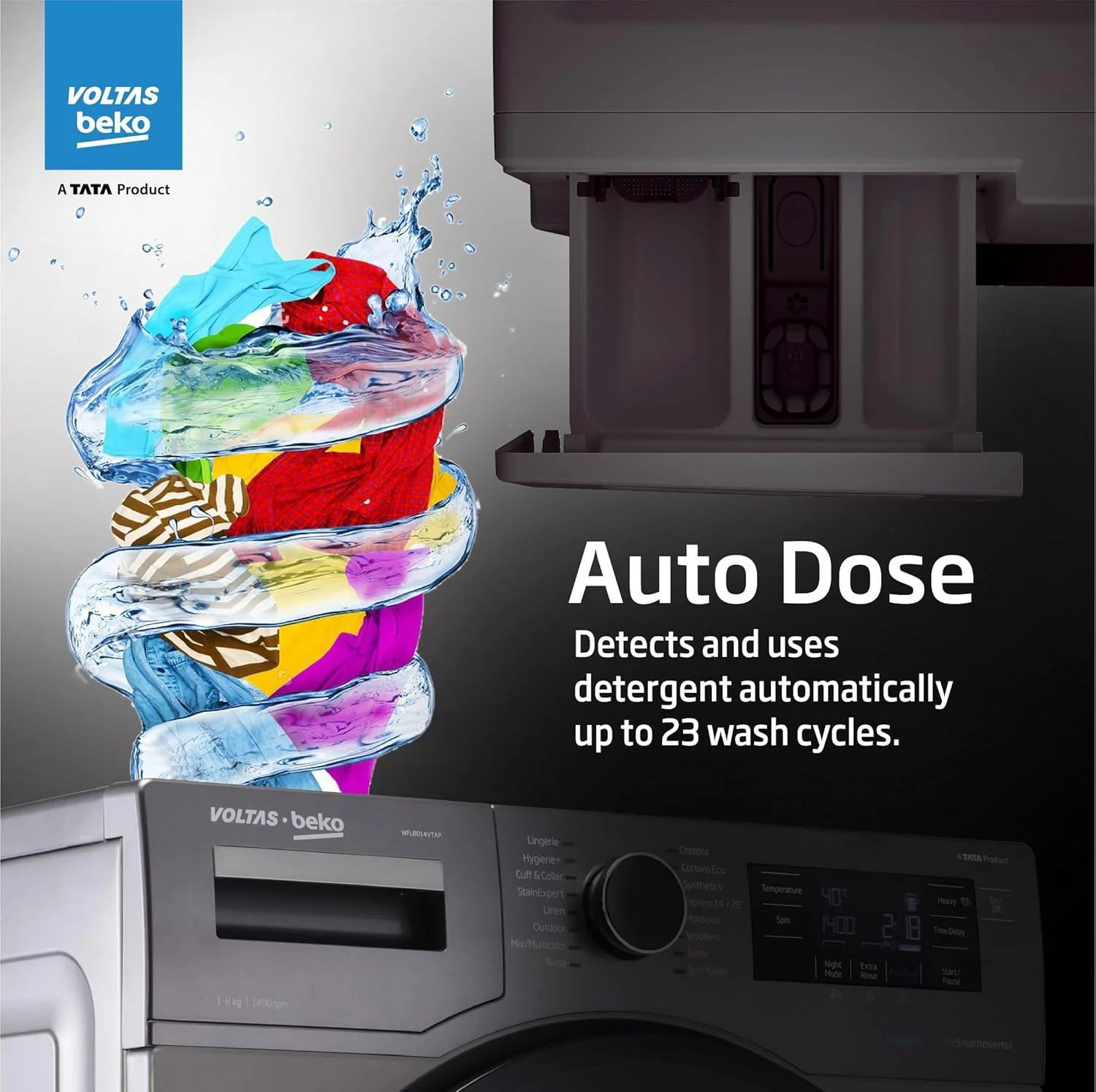 Voltas Beko 8.0kg, Inverter, 5 Star Front Load Washing Machine (WFL8014VTAP, Anthracite), Auto Dosing,Stain Expert - Image 14